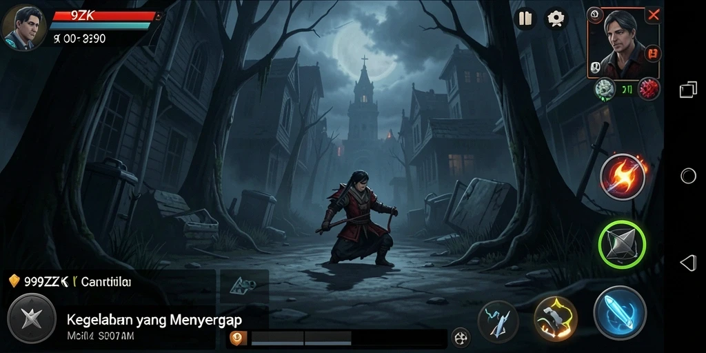 Screenshot gameplay 99ZK menampilkan suasana mencekam di rumah angker.