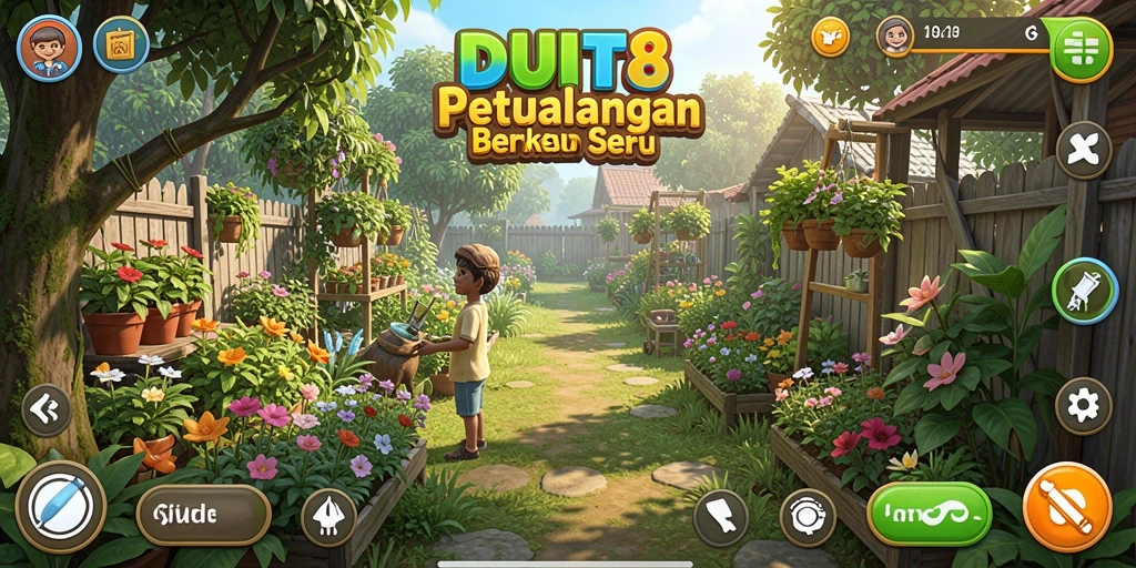 Tangkapan layar gameplay <strong>DUIT8</strong> menampilkan kebun yang penuh warna.