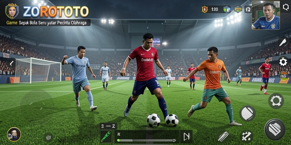 Screenshot utama ZOROTOTO menunjukkan aksi sepak bola yang mendebarkan.